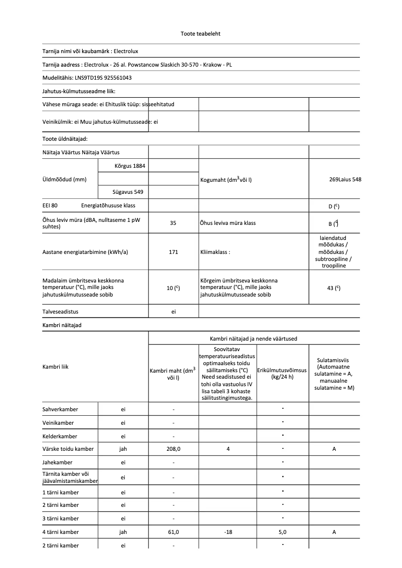 Page 1 de la notice Fiche technique Electrolux LNS9TD19S