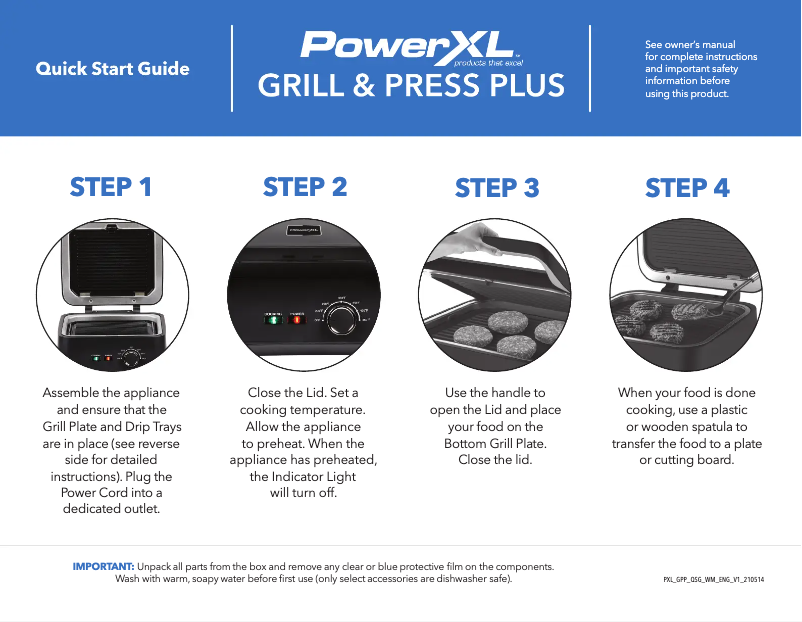 Page n°1 - Guide de démarrage rapide PowerXL Grill & Press Plus GMCB01B