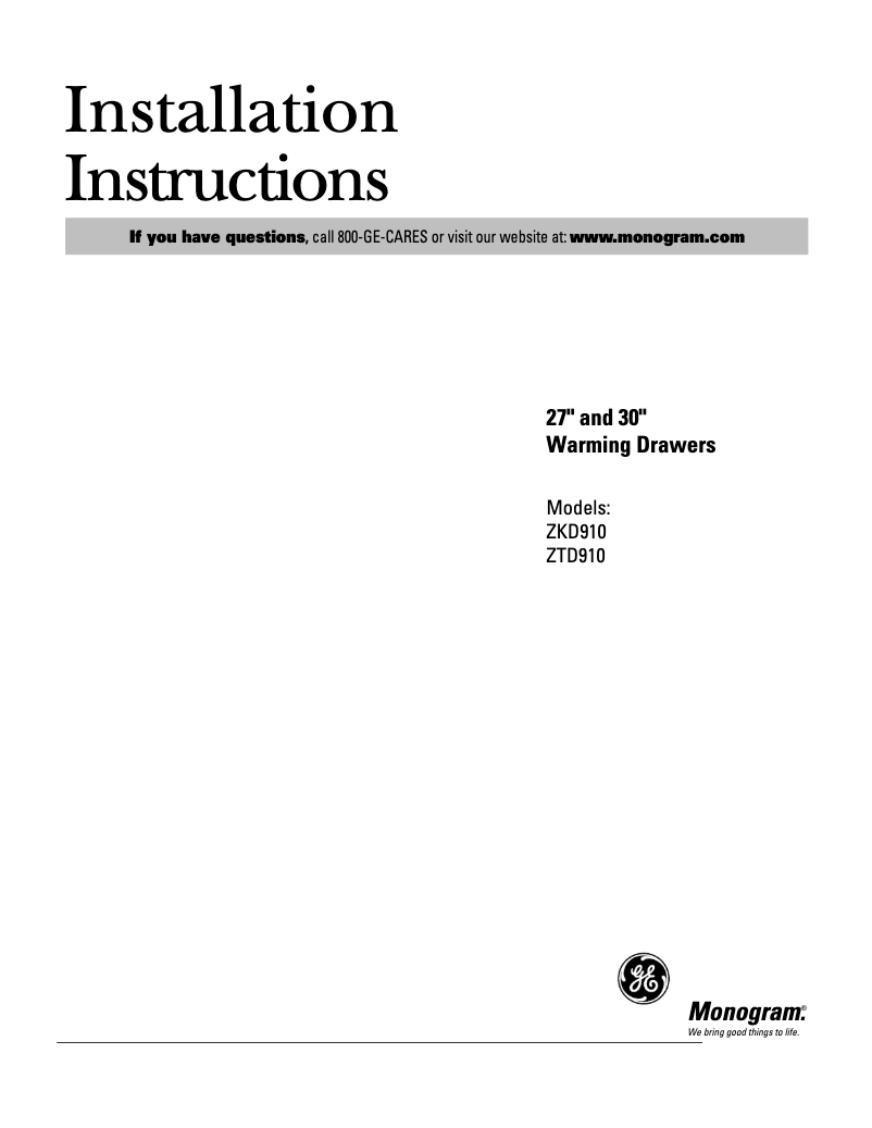 Page n°1 - Guide d'installation GE ZKD910SBSS