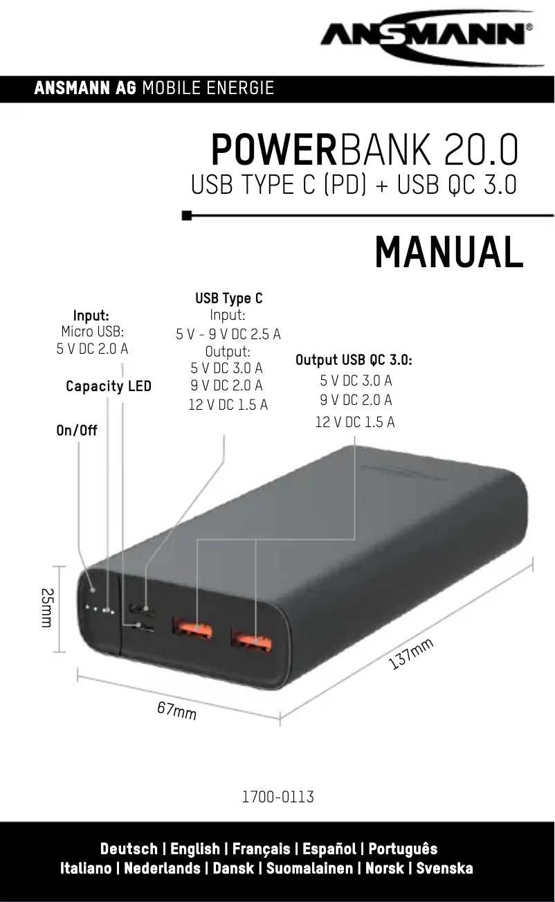 Page n°1 - Manuel utilisateur Ansmann Powerbank 20.0