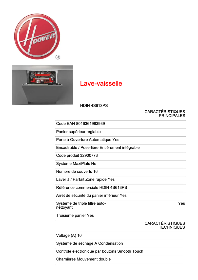 Page n°1 - Fiche technique Hoover HDIN 4S613PS-80