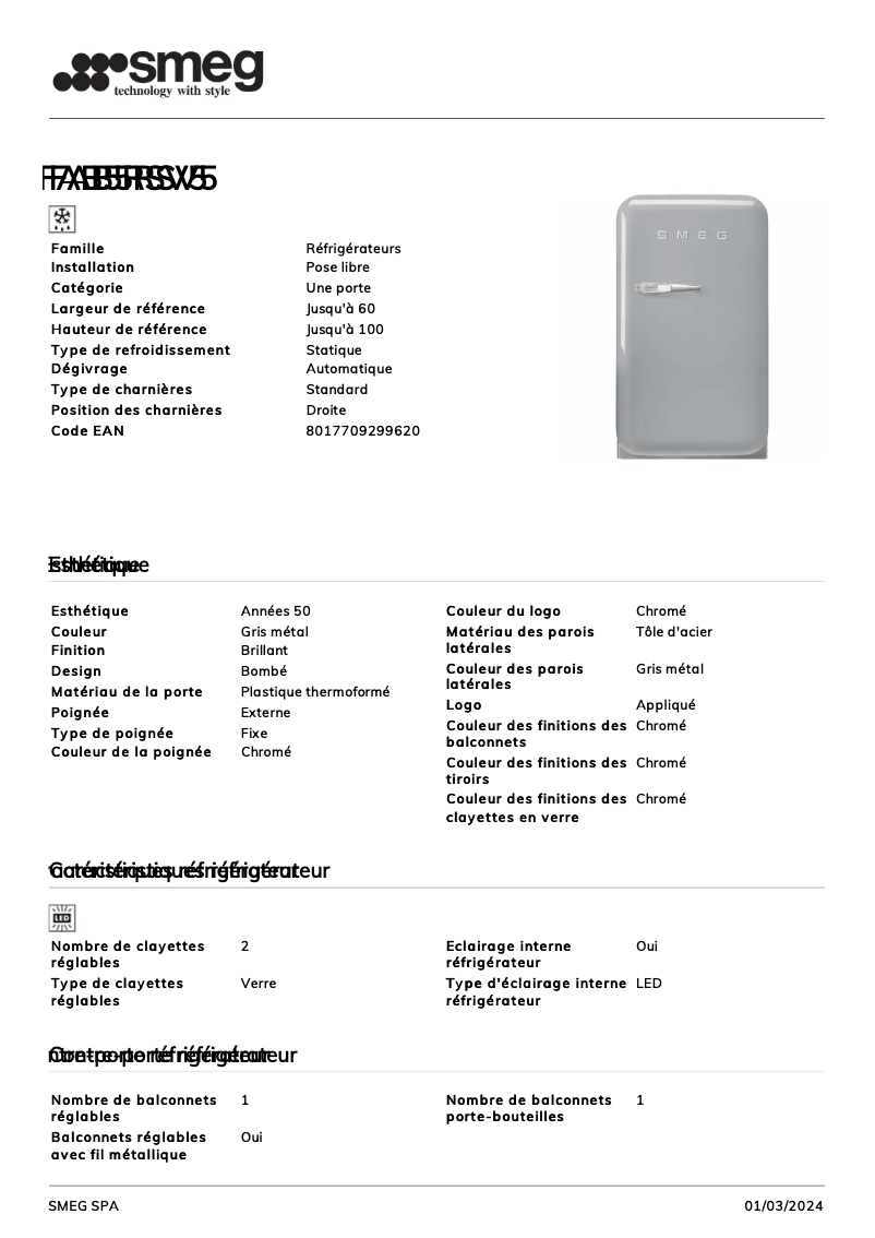 Page 1 de la notice Fiche technique Smeg FAB5RSV5