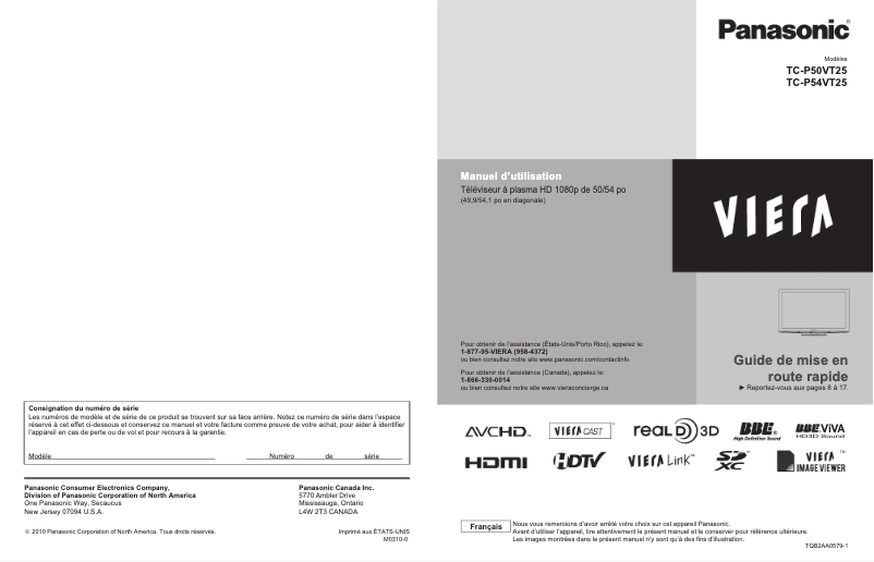 Page 1 de la notice Manuel utilisateur Panasonic Viera TC-P50VT25
