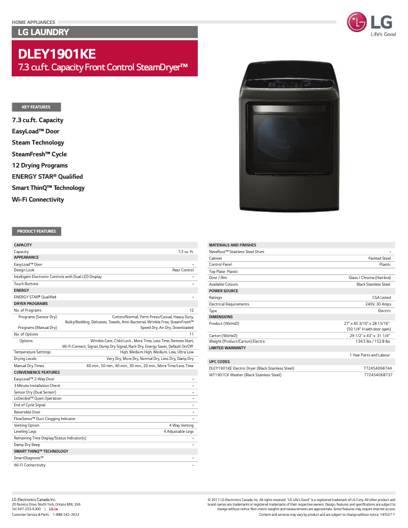 Page 1 de la notice Fiche technique LG DLEY1901KE
