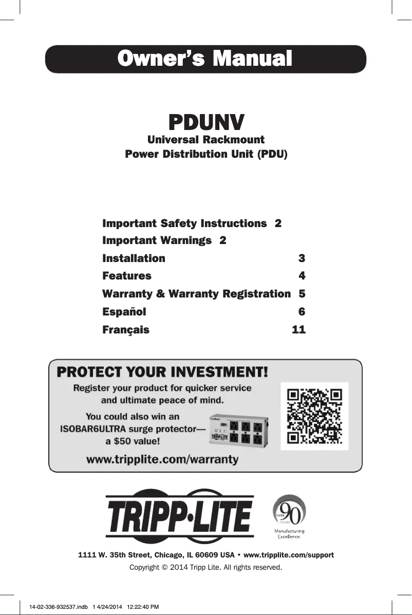 Page 1 de la notice Manuel utilisateur Tripp Lite PDUNV