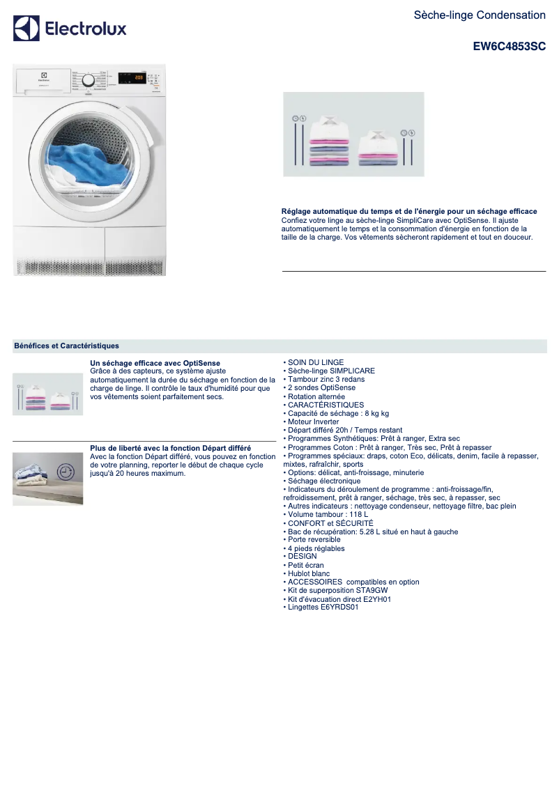Page 1 de la notice Fiche technique Electrolux EW6C4853SC