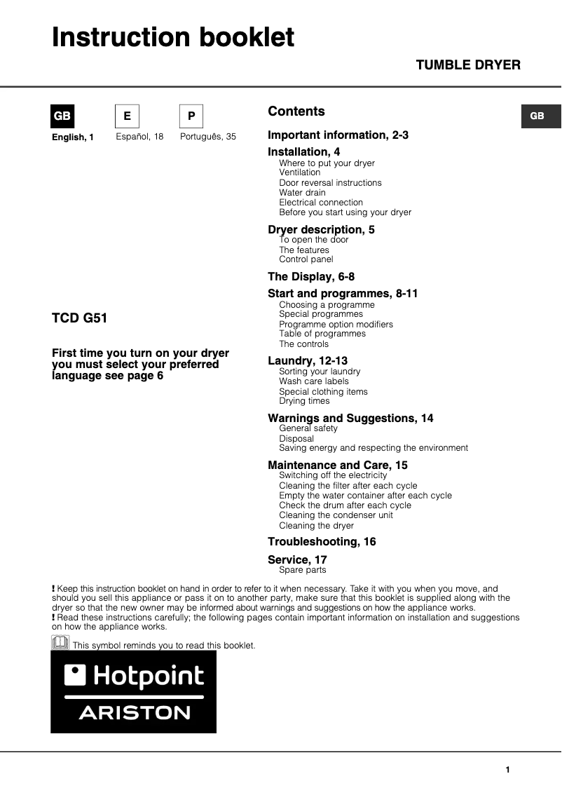 Image de la première page du manuel de l'appareil TCD G51 XB K