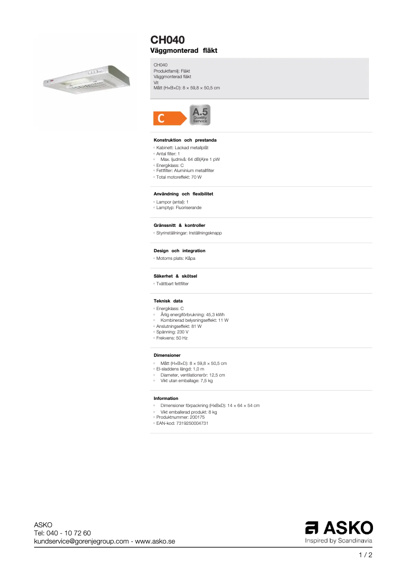 Page 1 de la notice Manuel utilisateur Asko CH040