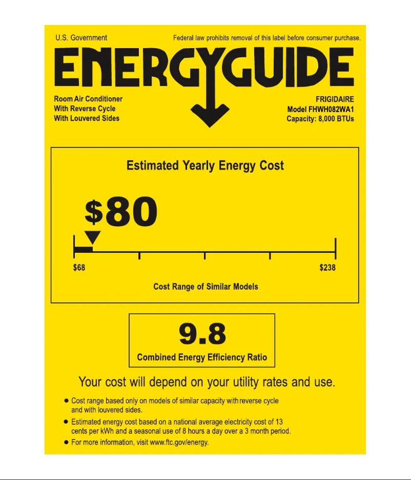Page 1 de la notice Label énergétique Frigidaire FHWH082WA1