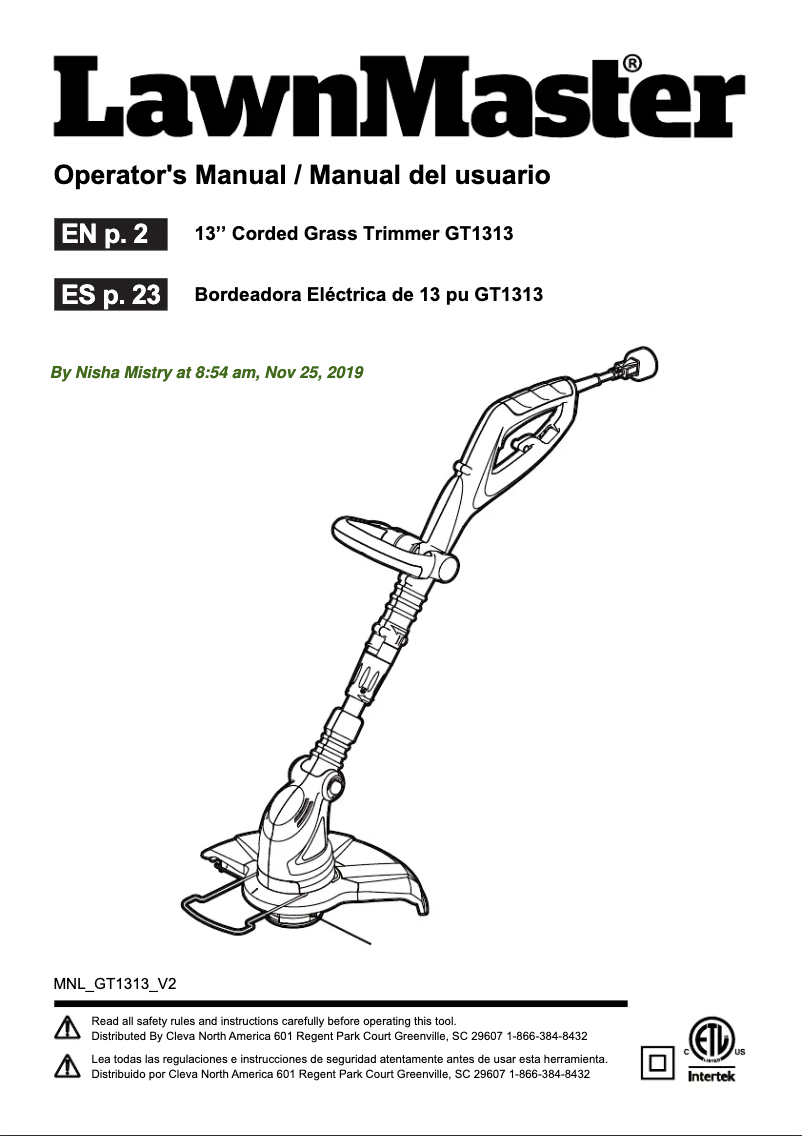 Page 1 de la notice Manuel utilisateur LawnMaster GT1313