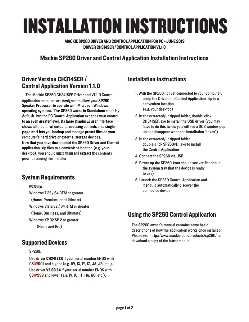 First page image of the manual for SP260
