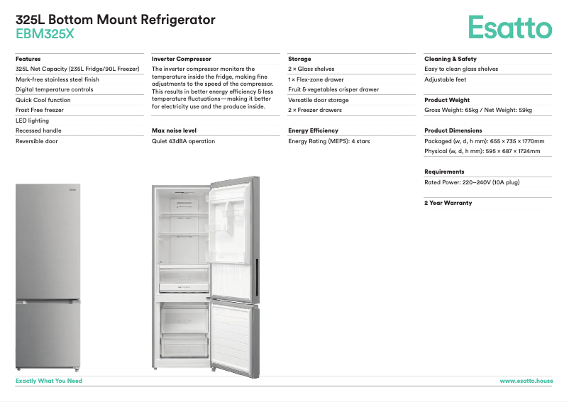 Page 1 de la notice Fiche technique Esatto EBM325X
