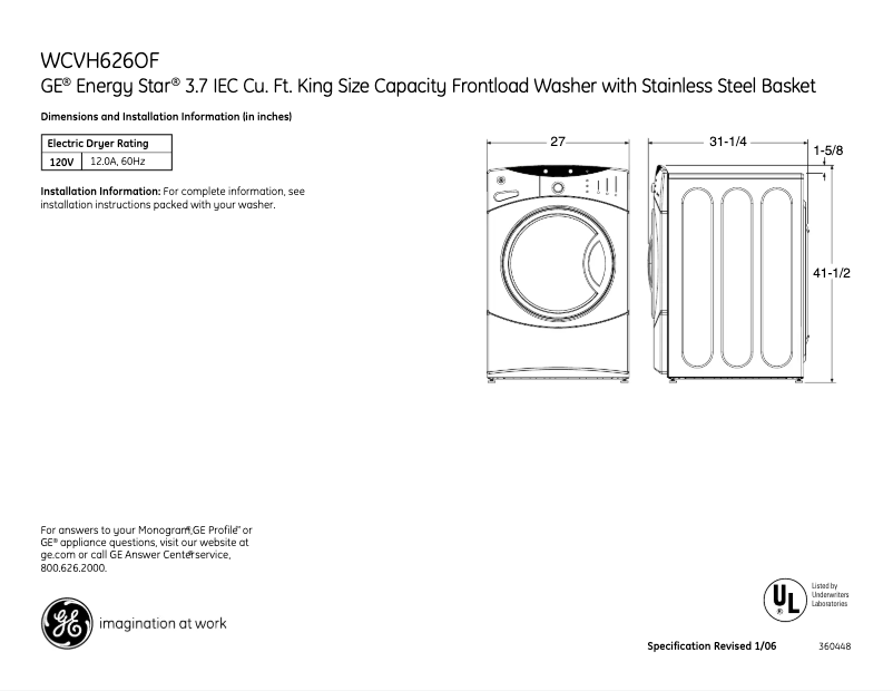 Page n°1 - Fiche technique GE WCVH6260FGG