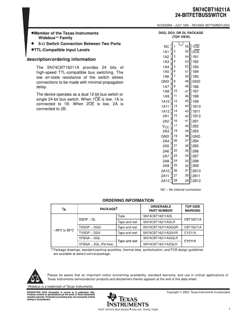 Page 1 de la notice Manuel utilisateur Texas Instruments SN74CBT16211ADLR