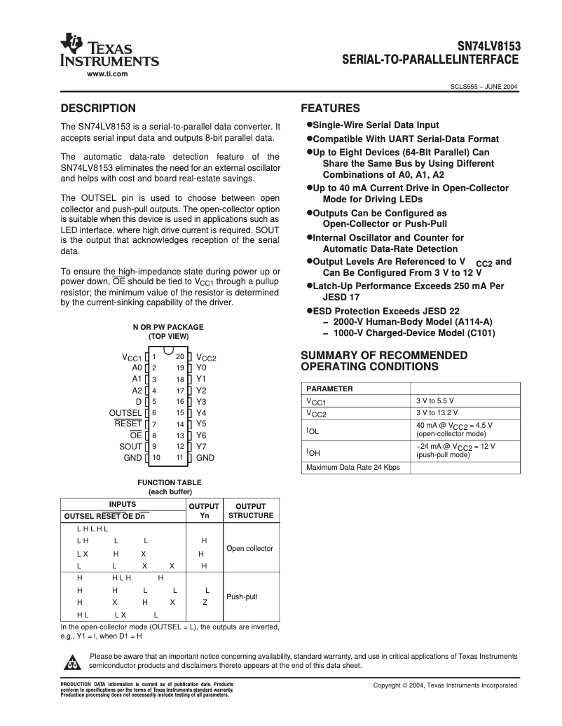 Page 1 de la notice Manuel utilisateur Texas Instruments SN74LV8153N