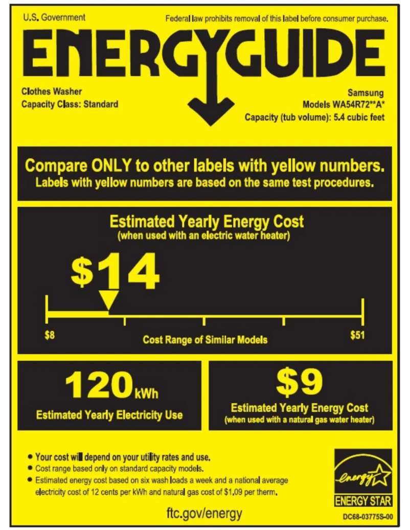 Page 1 de la notice Label énergétique Samsung WA54R7600AW