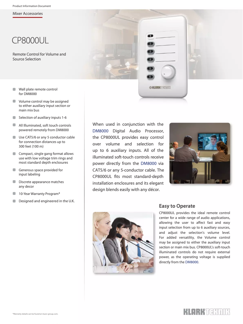 Page 1 de la notice Fiche technique Klark Teknik CP8000UL