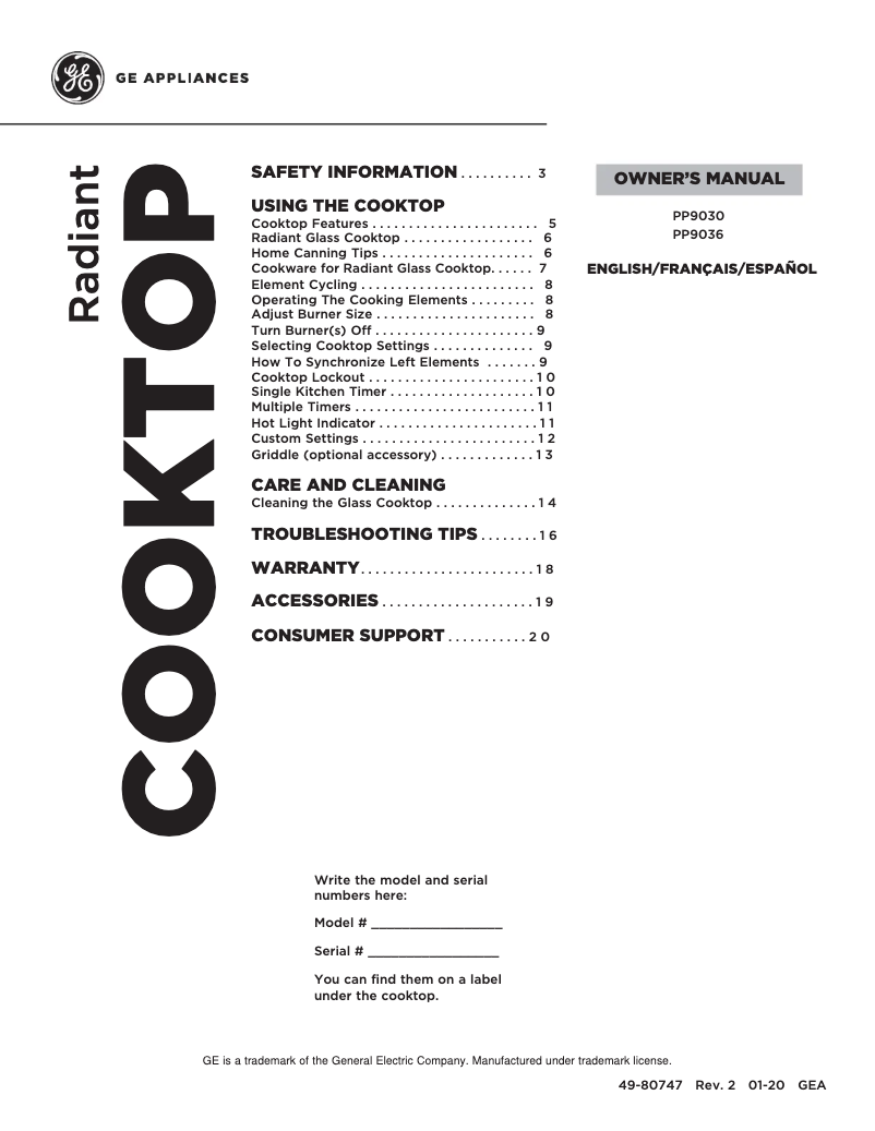 Page n°1 - Manuel d'utilisation et d'entretien GE PP9036DJBB