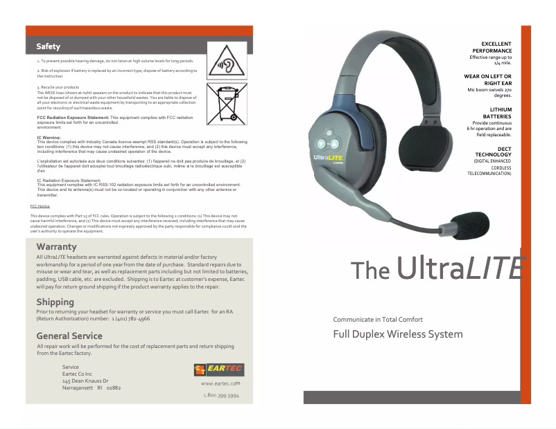 Page n°1 - Guide de démarrage rapide Eartec UltraLITE