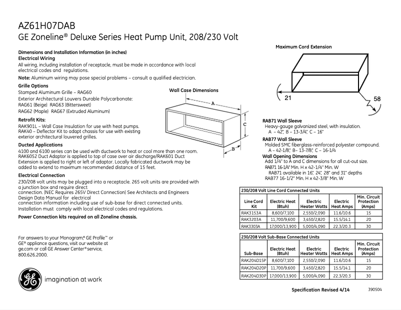 Page n°1 - Fiche technique GE AZ61H07DAB Zoneline