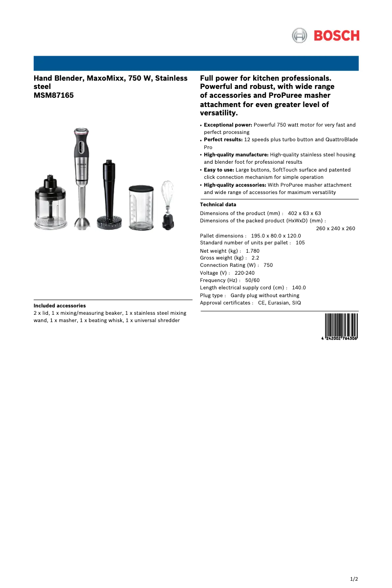 Page 1 de la notice Fiche technique Bosch MaxoMixx MSM87165