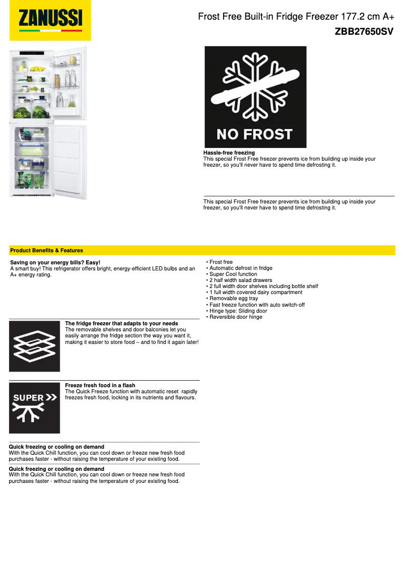 Page n°1 - Fiche technique Zanussi ZBB27650SV