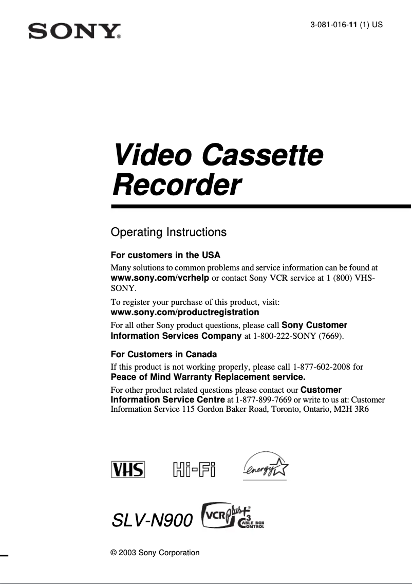 Page 1 de la notice Manuel utilisateur Sony SLV-N900