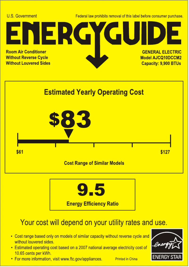 Page 1 de la notice Label énergétique GE AJCQ10DCC