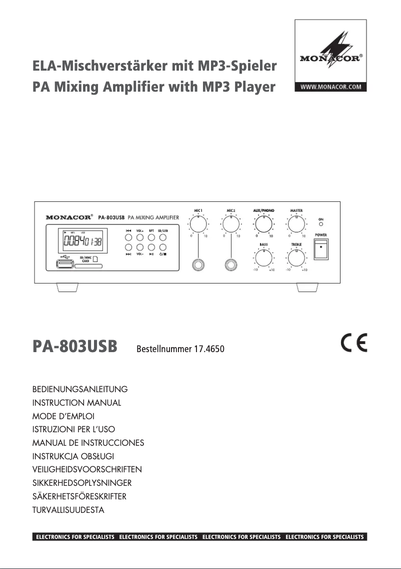 Page 1 de la notice Manuel utilisateur Monacor PA-803USB