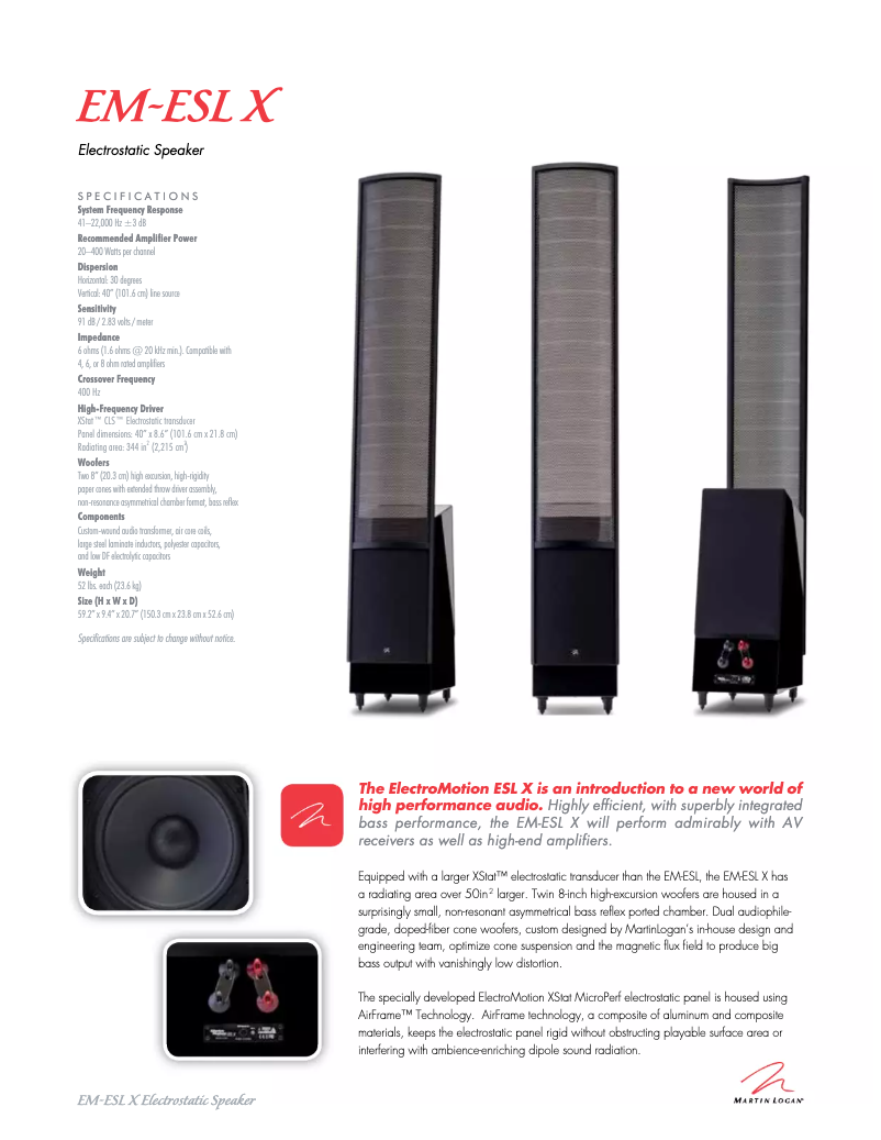 Page n°1 - Fiche technique Martin Logan ElectroMotion ESL X