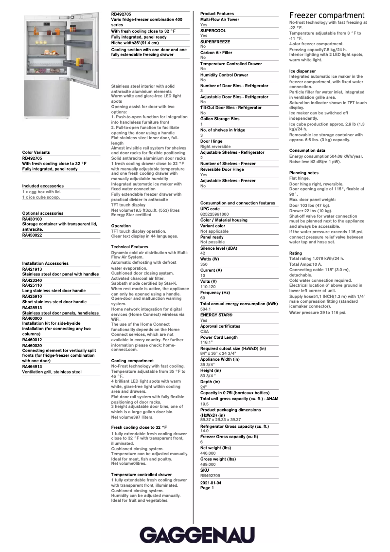 Page 1 de la notice Fiche technique Gaggenau RB492705