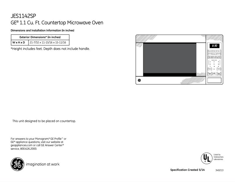 Page 1 of the manual Technical Sheet GE JES1142SPSS
