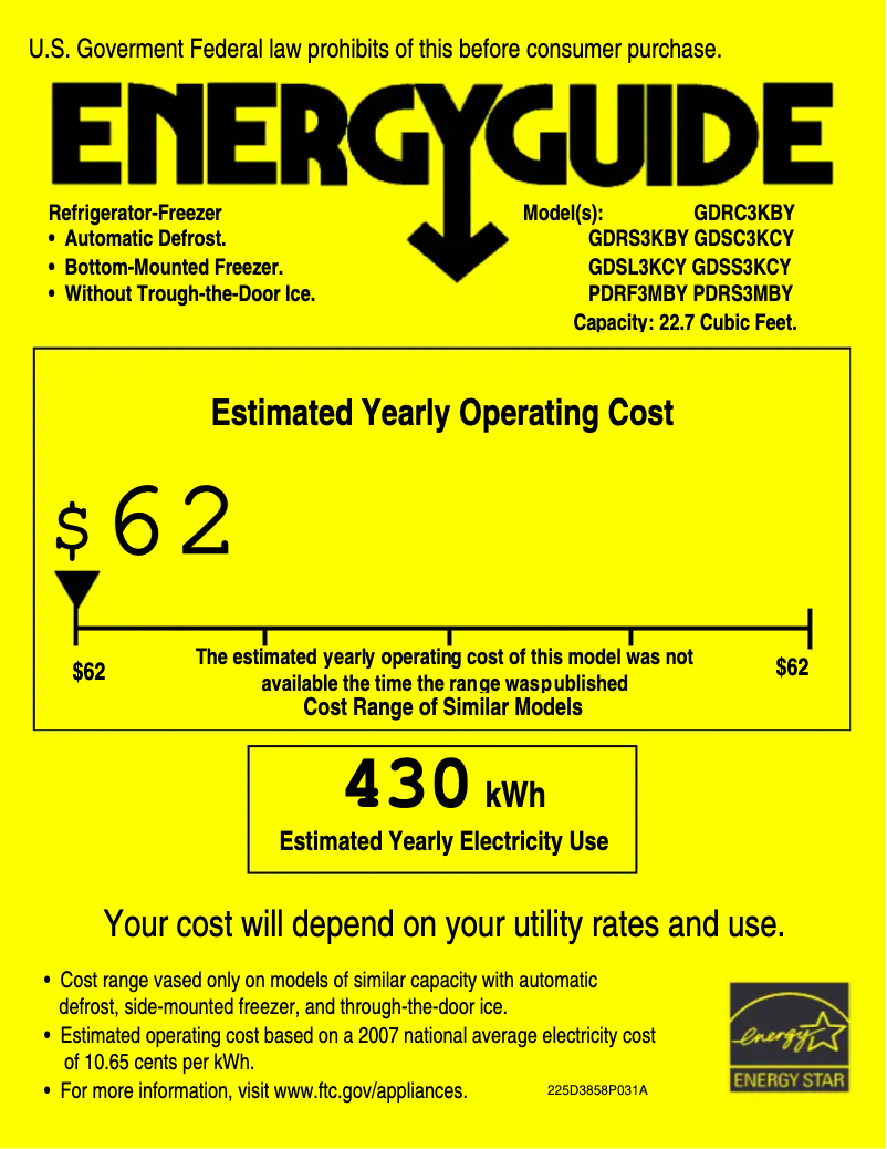 Page 1 de la notice Label énergétique GE GDSL3KCYLLS