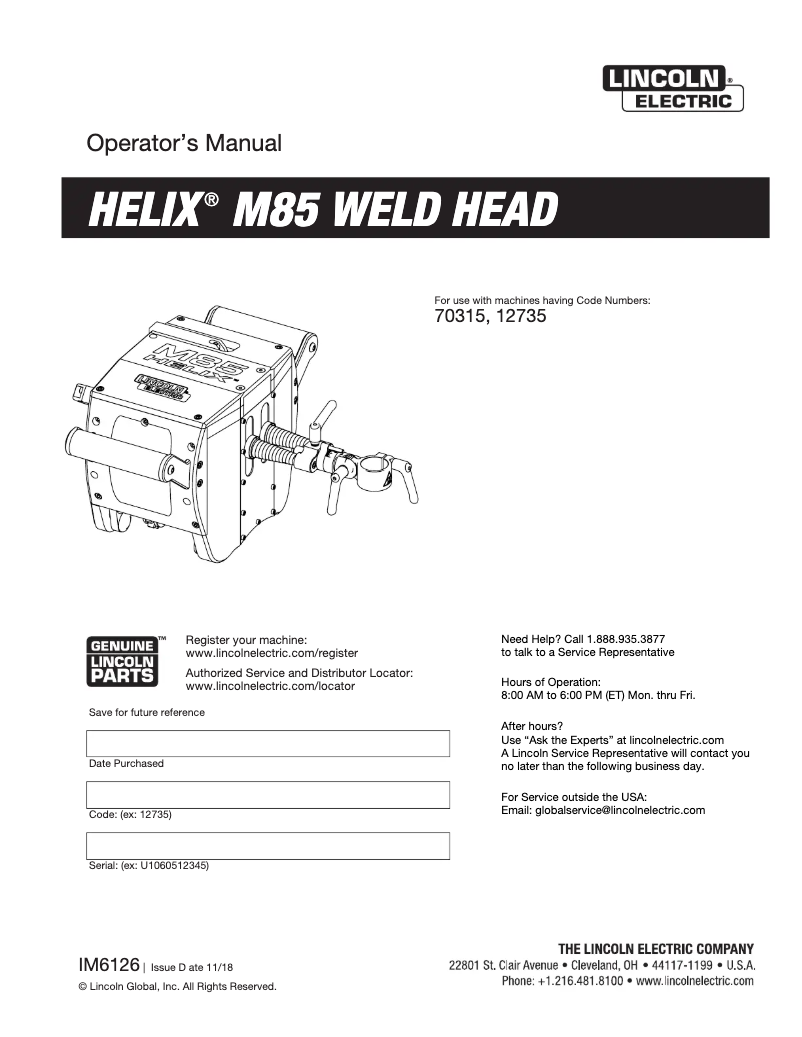 Imagen de la primera página del manual del dispositivo HELIX M85 Weld Head