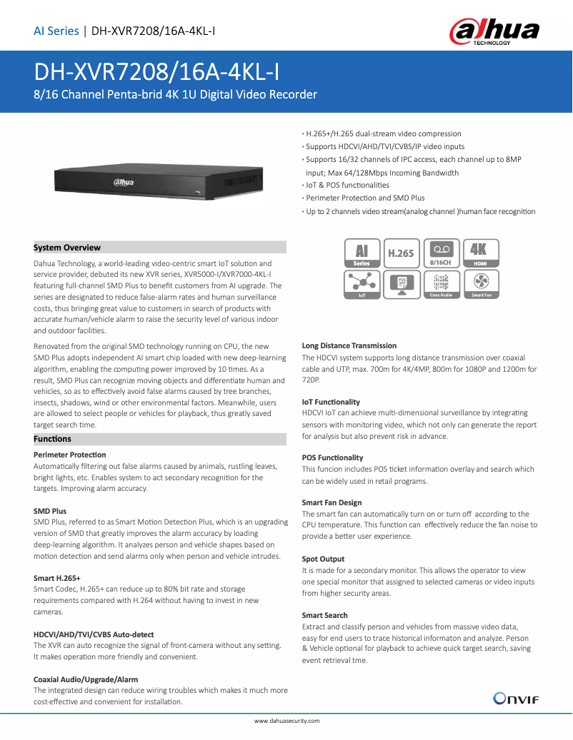 Page 1 de la notice Fiche technique Dahua Technology XVR7208/16A-4KL-I