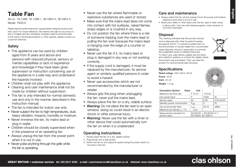 Page n°1 - Manuel utilisateur Clas Ohlson FE20-E