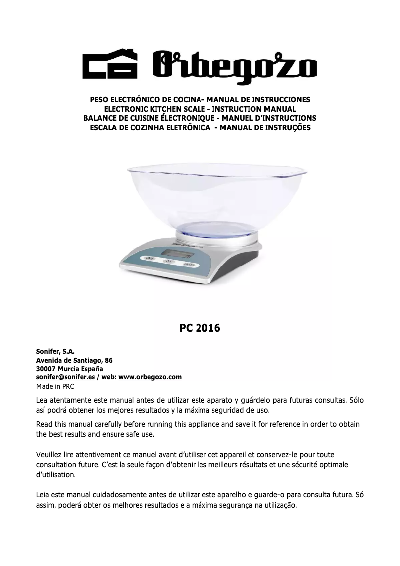 Page 1 de la notice Manuel utilisateur Orbegozo PC 2016