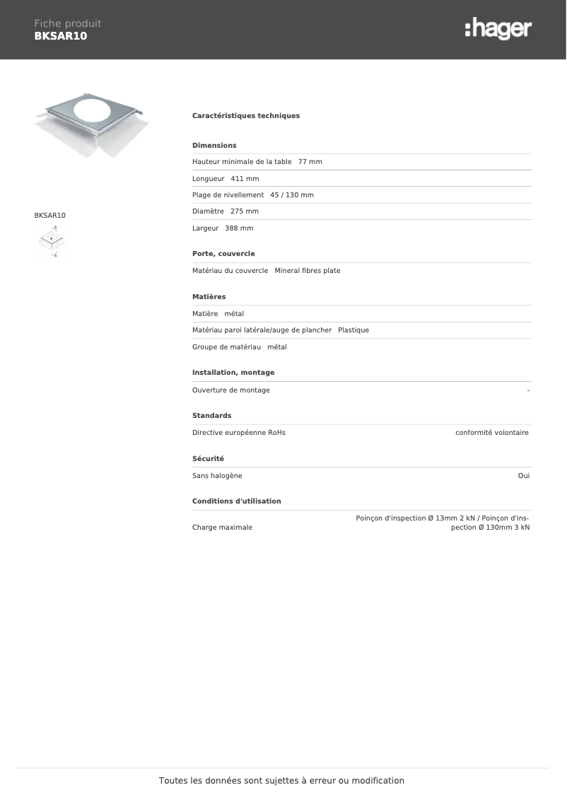 Page 1 de la notice Fiche technique Hager BKSAR10