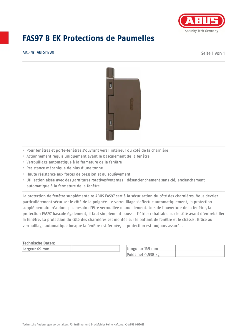 Page n°1 - Fiche technique Abus ABFS11780