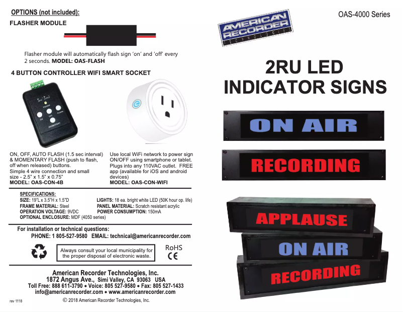 Page 1 de la notice Manuel utilisateur American Recorder OAS-4000-CT