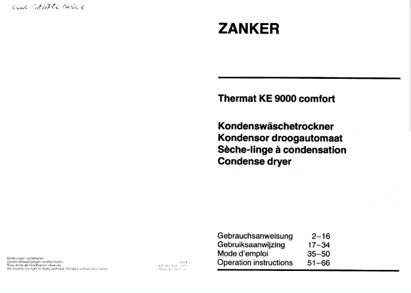 Page 1 de la notice Manuel utilisateur Zanker KE 9000 Thermat Comfort
