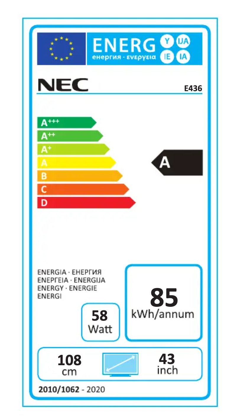 Page 1 de la notice Label énergétique NEC MultiSync E436