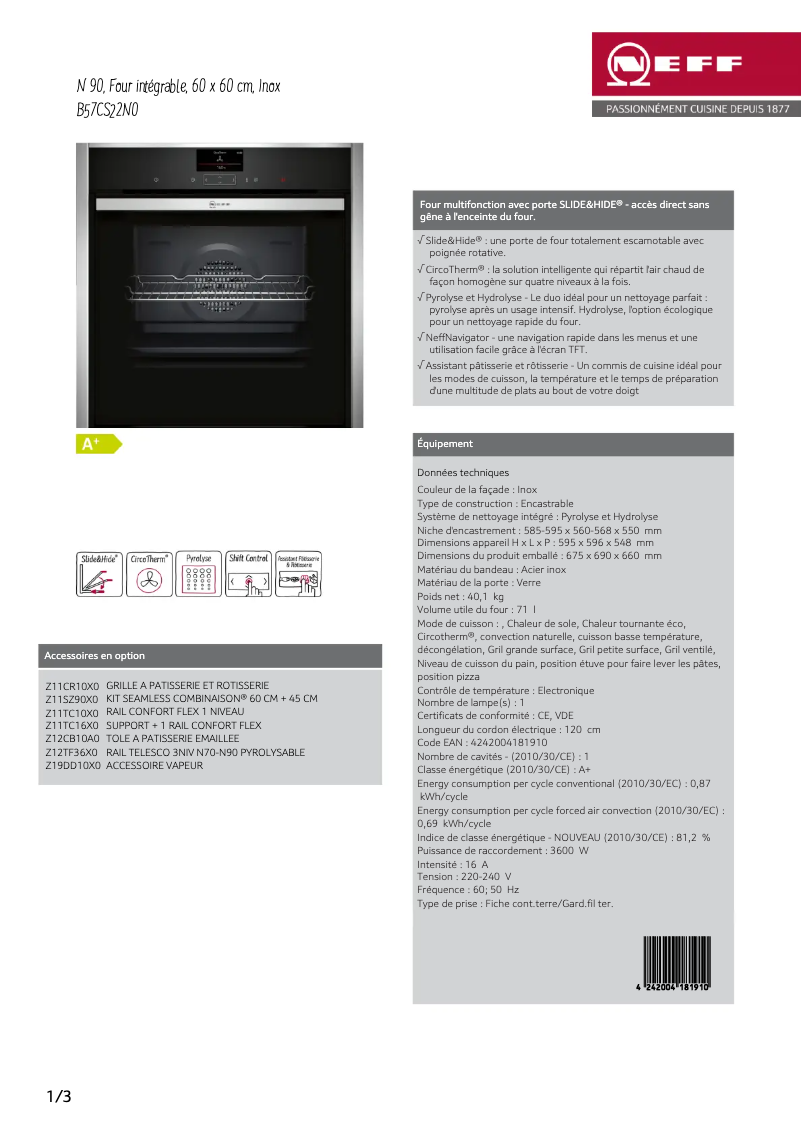 Page 1 de la notice Fiche technique Neff B57CS22N0