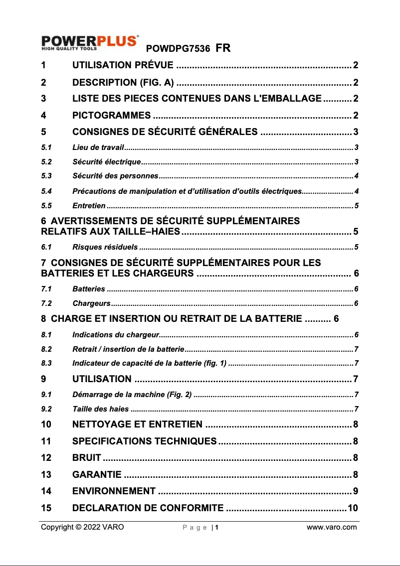 Page n°1 - Manuel utilisateur PowerPlus POWDPG7536