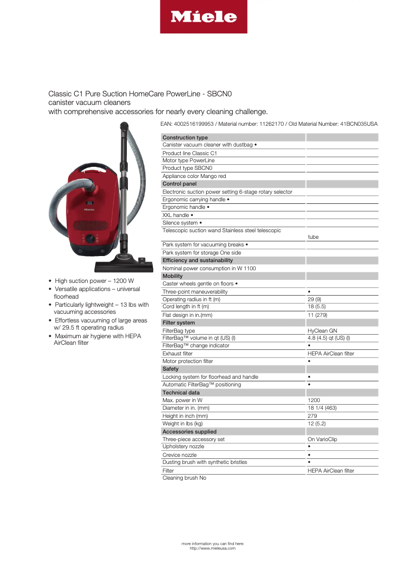 Page n°1 - Fiche technique Miele Classic C1 Pure Suction HomeCare