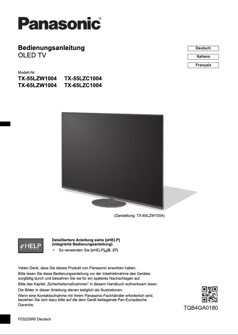 First page image of the manual for TX-65LZW1004