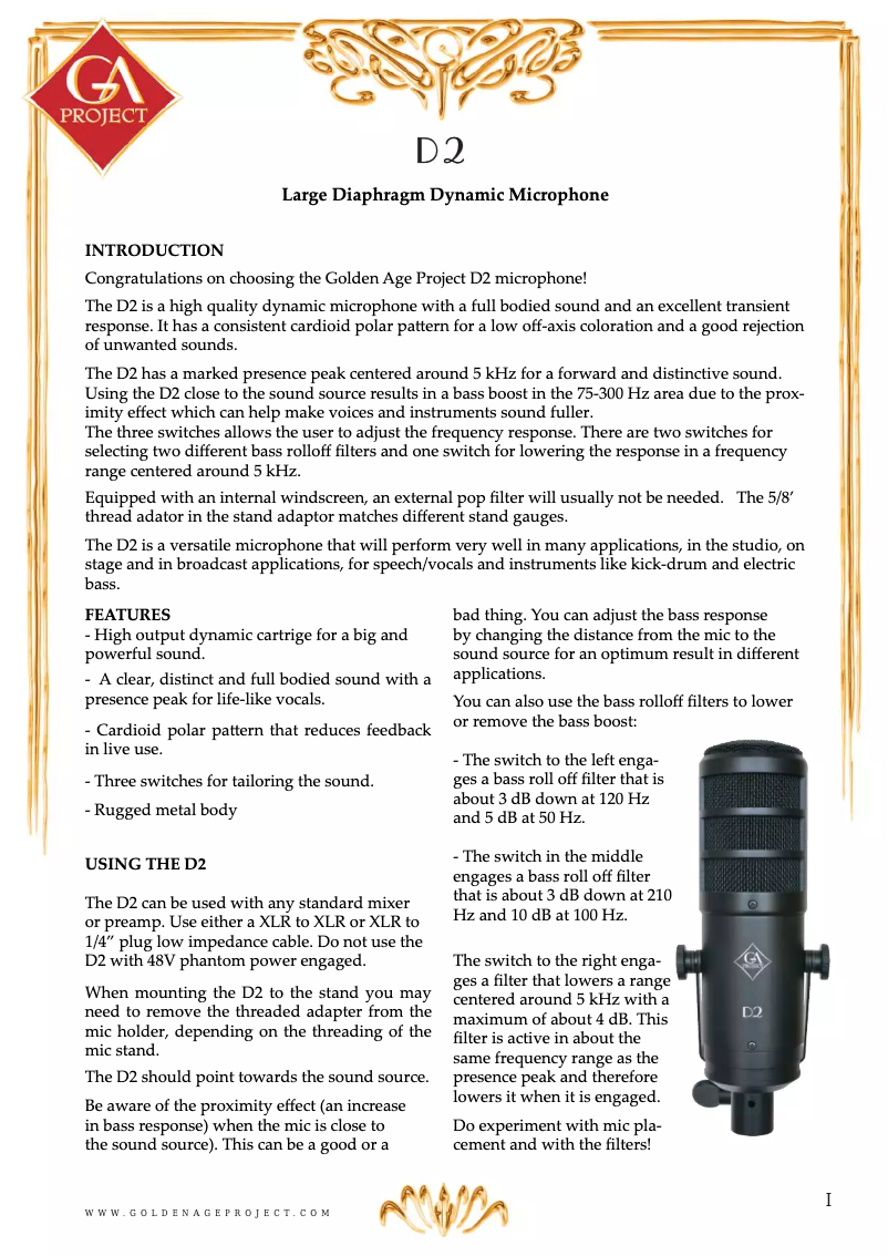 Page 1 de la notice Manuel utilisateur Golden Age Project D2