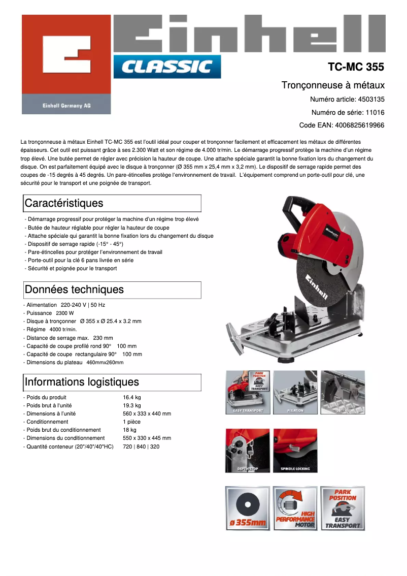 Page n°1 - Fiche technique Einhell TC-MC 355