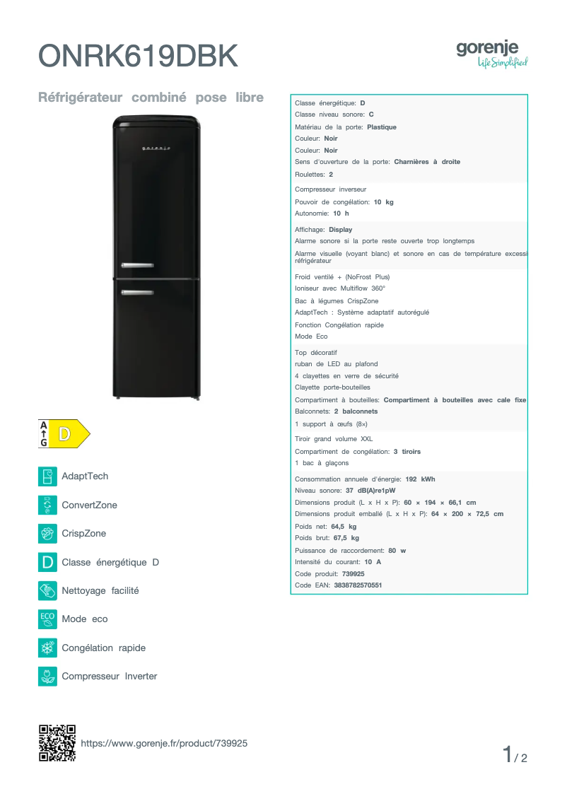 Page n°1 - Fiche technique Gorenje ONRK619DBK