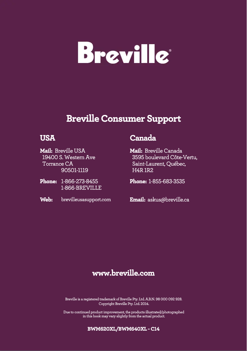 Page 1 de la notice Manuel utilisateur Breville BWM640XL